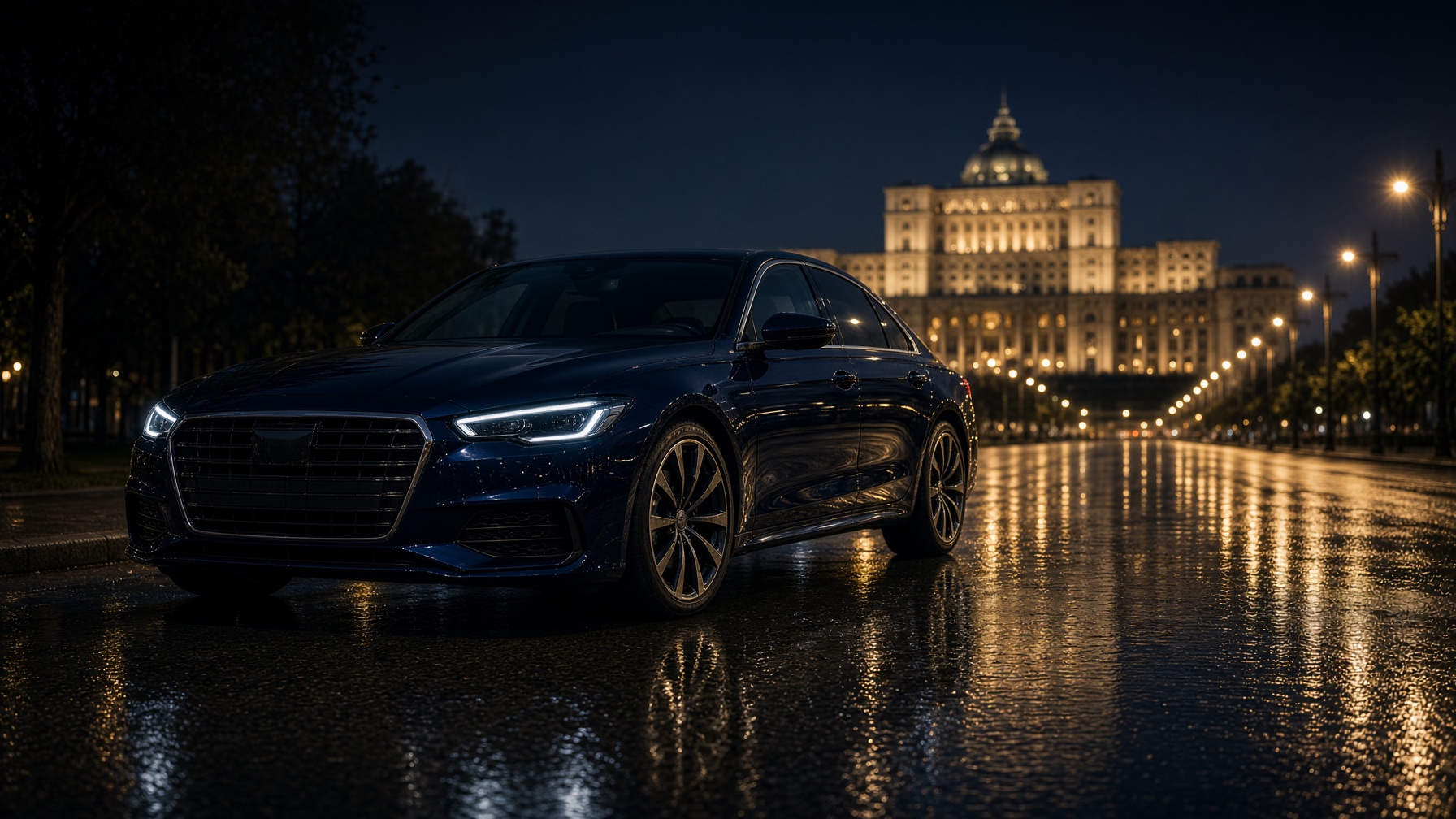 Autoturism premium pe bulevard nocturn din București
